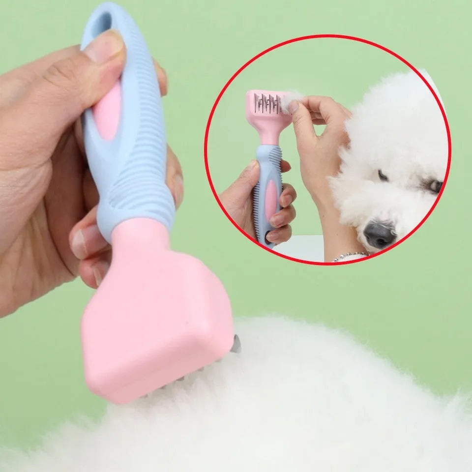 Pink stainless steel knot cutter dog comb with massage bristles for pet grooming