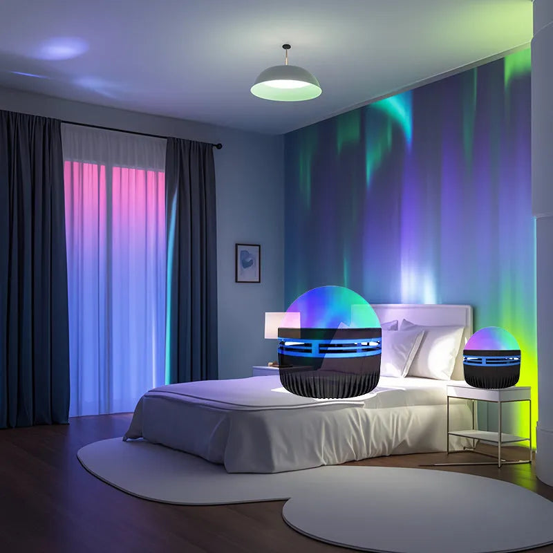 Water ripple LED projection night lamp with colourful northern lights effect on a bedside table