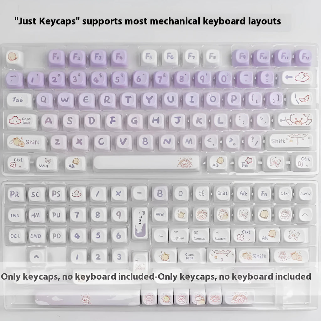 PBT plastic keycap set showing gradient purple colour and detailed rabbit themed designs for mechanical keyboards.