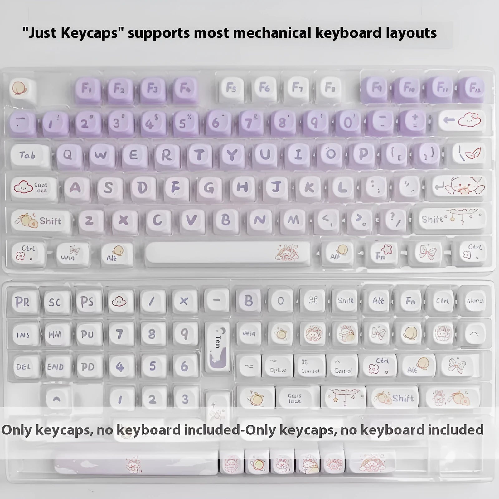 PBT plastic keycap set showing gradient purple colour and detailed rabbit themed designs for mechanical keyboards.