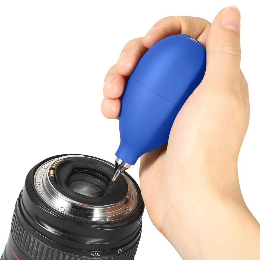 Blue rubber air blowing cleaning tool for camera lenses and mobile phones measuring 9.5 centimetres