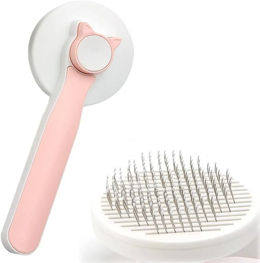 Blue self-cleaning cat brush with rubber handle and button for one-click hair removal.