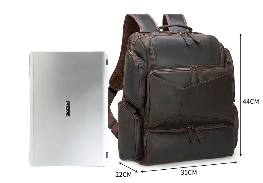 Dark brown genuine leather backpack for men with 17-inch laptop compartment and multiple internal organisers