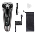 Men's electric shaver with three rotating heads, USB charging cable, and pop-up sideburn trimmer on display