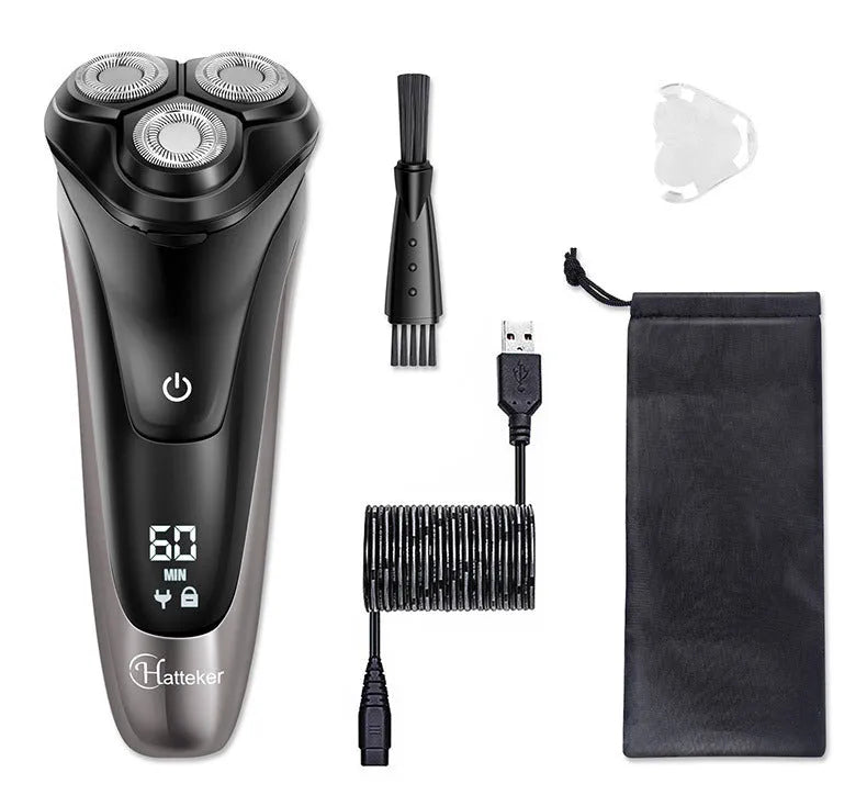 Men's electric shaver with three rotating heads, USB charging cable, and pop-up sideburn trimmer on display