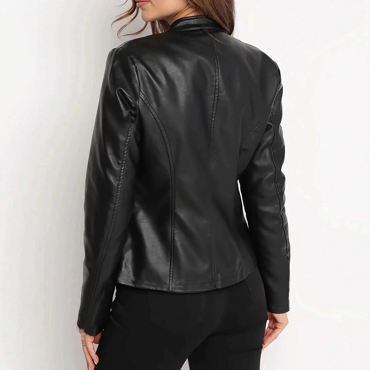 Women's short PU faux leather jacket in black, dark blue, or dark red, slim fit, long sleeves, 40cm length