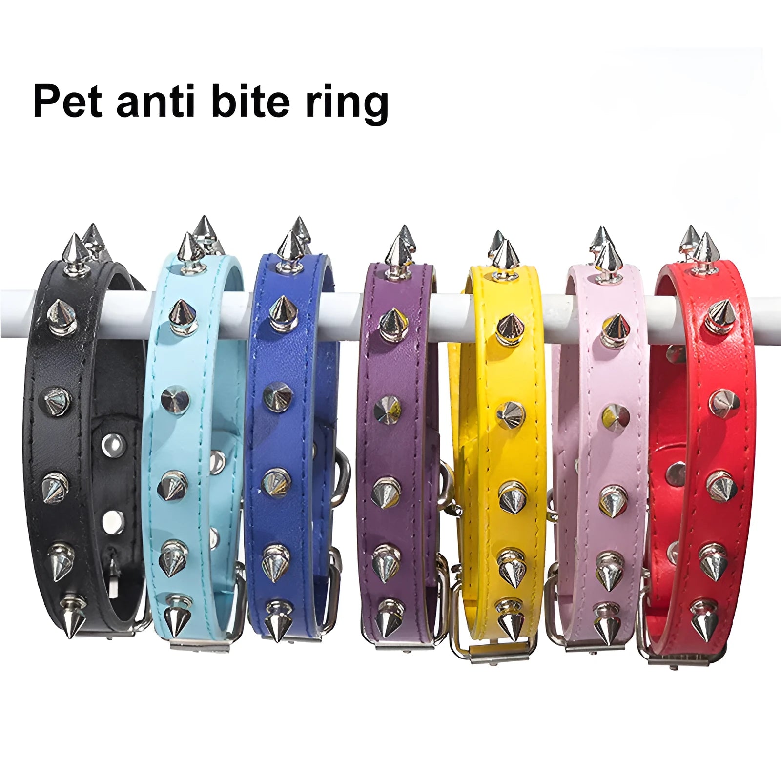 Studded dog collar in six colours with metal alloy fastener and thickened PU leather construction
