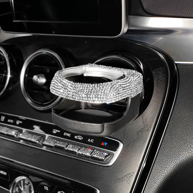 Car air vent cup holder bracket with rhinestone decoration in white diamond pattern