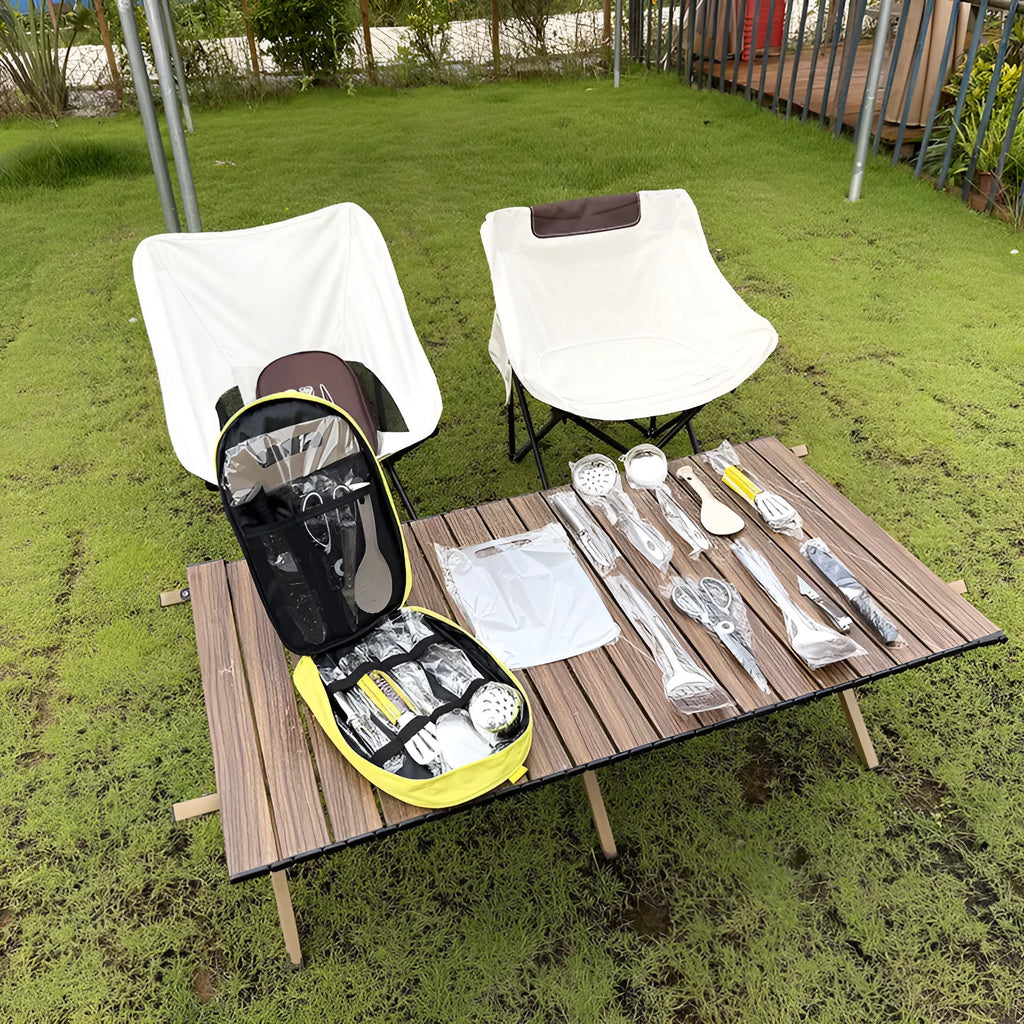 12-piece stainless steel portable picnic kitchenware set in khaki, green or brown colour options