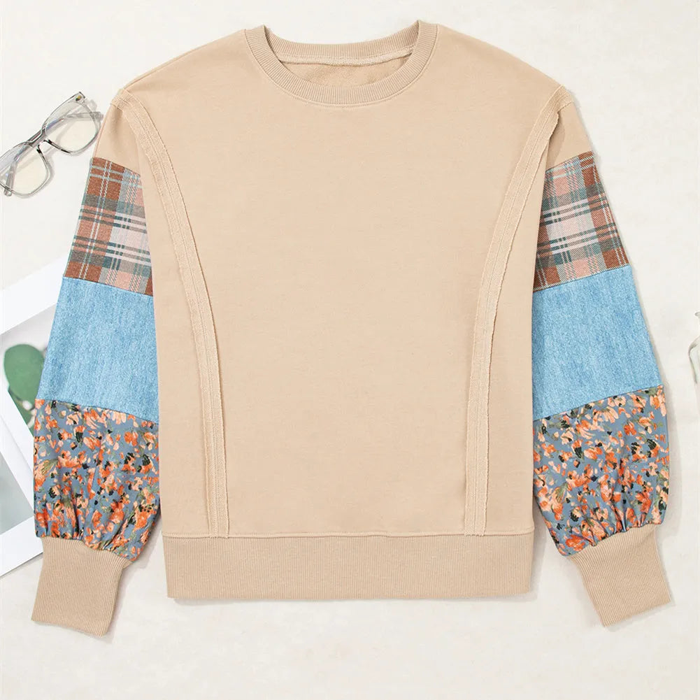 Women's plaid stitching long-sleeved top in apricot colour with loose Japanese Korean casual style