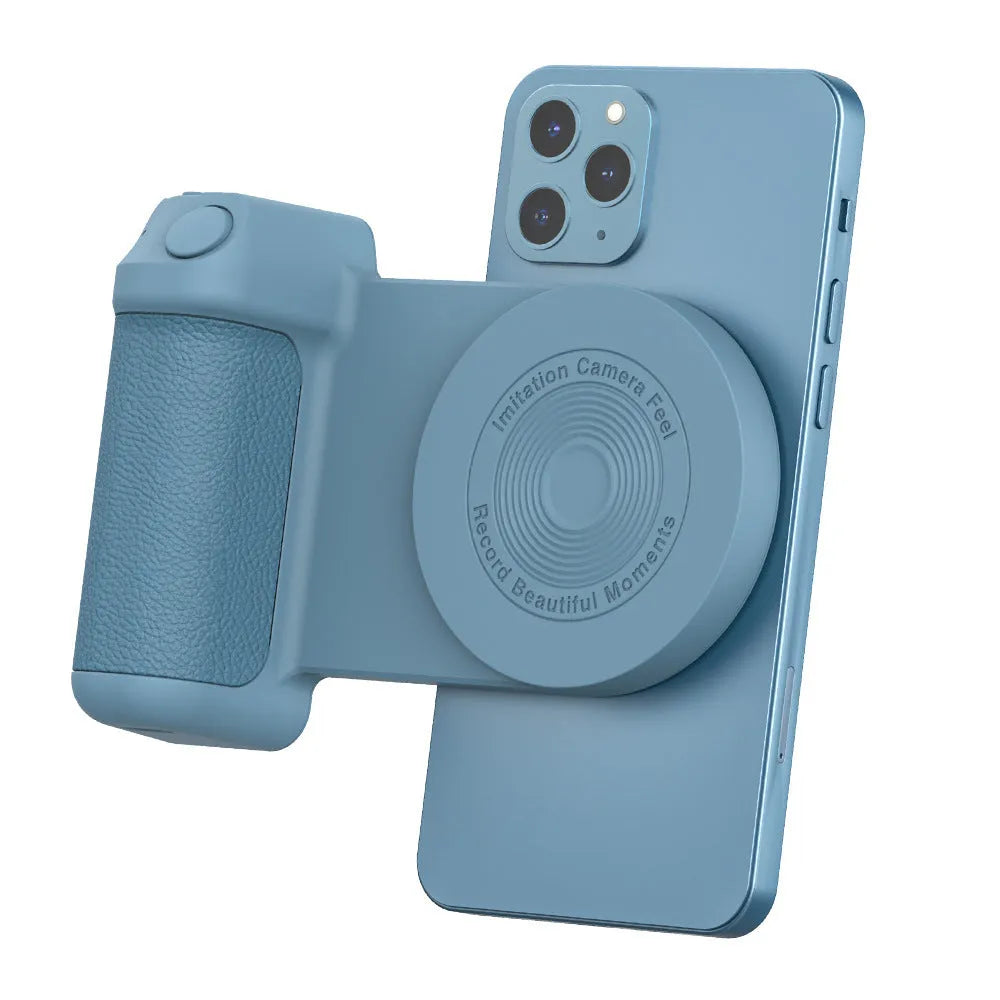 Black magnetic phone camera bracket with ergonomic PU leather handle on table