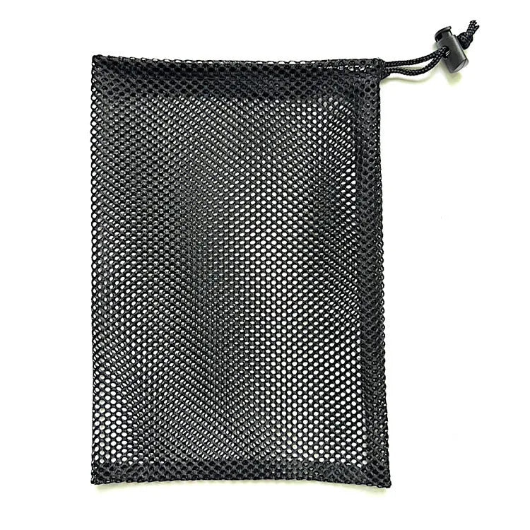 Black drawstring mesh storage bag shown in multiple sizes for toy organisation