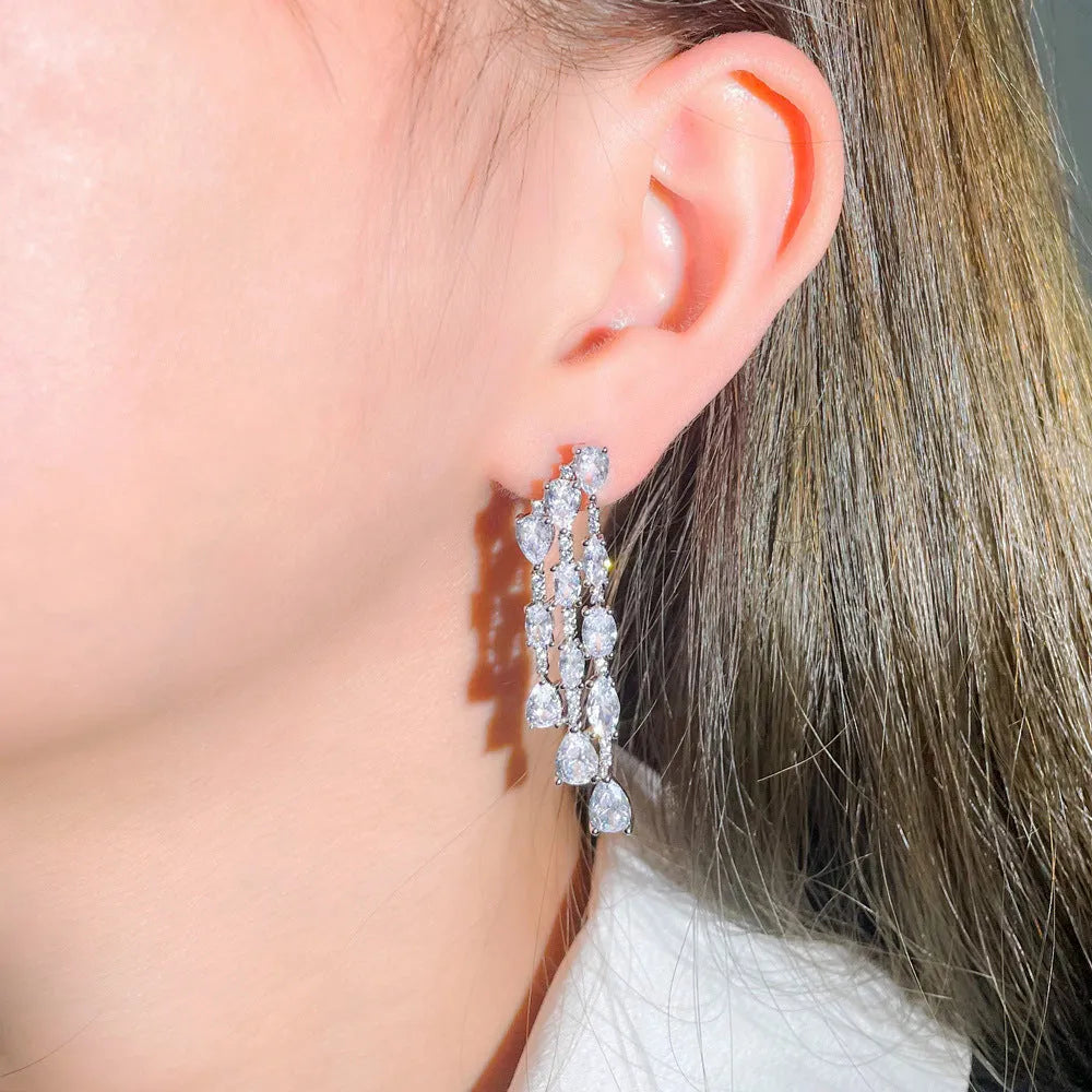 Sterling silver needle teardrop earrings with full drill AAA+ zircon micro-pave setting 4.9 cm length