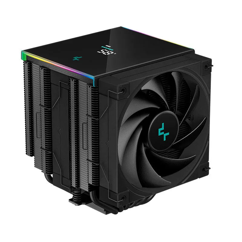 CPU air cooler heat sink with digital temperature display showing 45°C reading