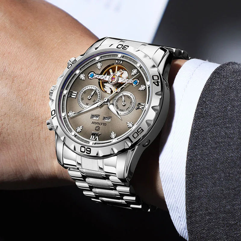 Men's automatic mechanical watch with mineral glass face and stainless steel strap in business style
