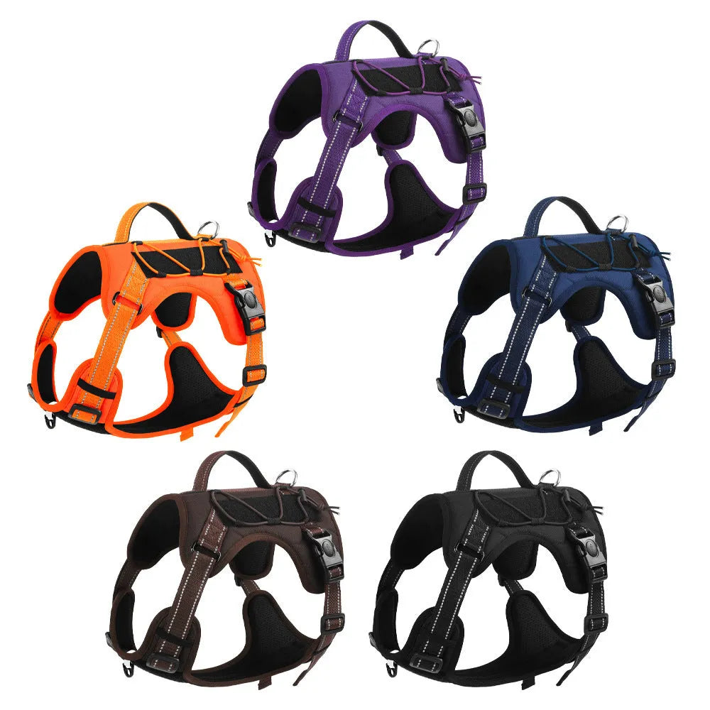 Orange PU dog vest harness with an integrated black hand-holding rope leash, shown on a medium-sized dog.