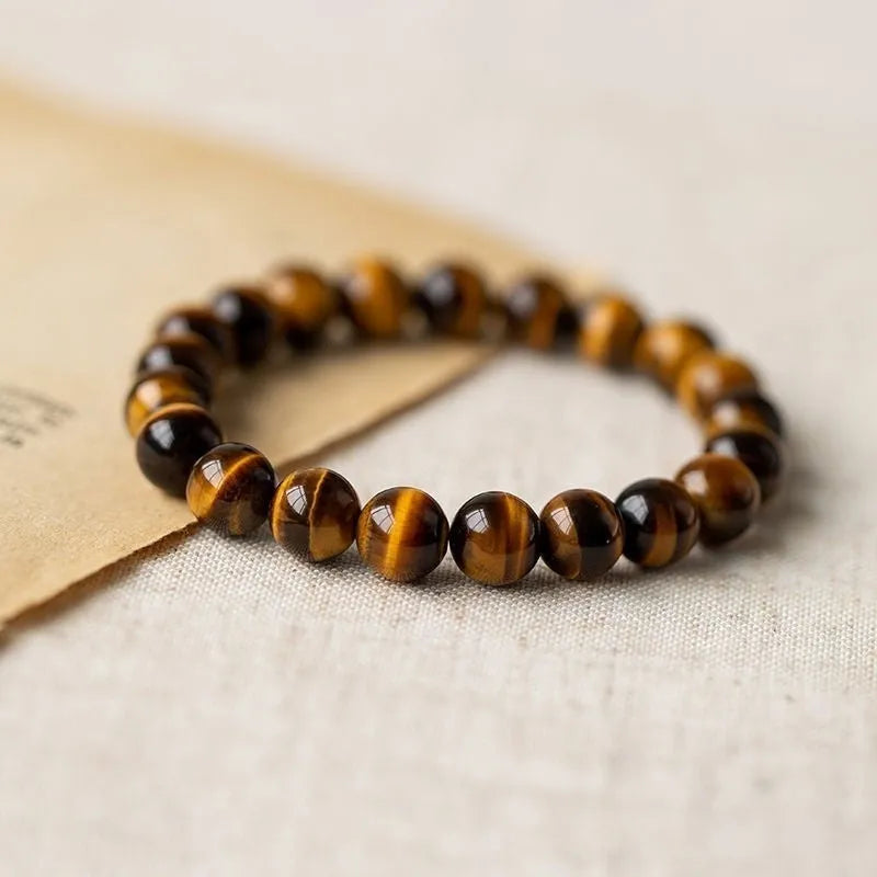 Ethnic tigereye single circle Buddha rosary bracelet showing bead details and spiritual design
