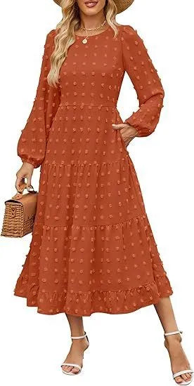 Beige women's high waist long sleeve dress with ruffle sleeves on a mannequin.