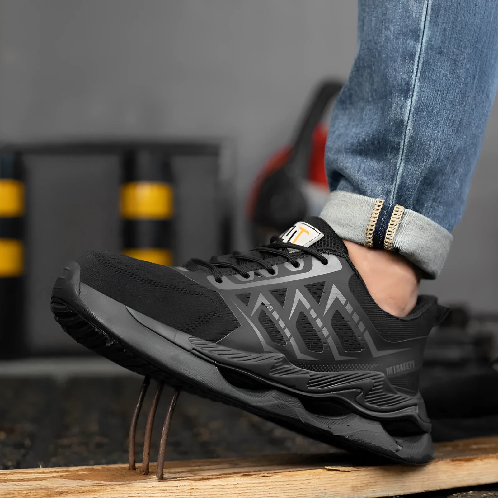 Black steel toe safety shoes with flat knit upper fabric and lace-up closure