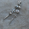 Hesheng antique silver geometric long pendant earrings with rhinestone XINGX design.