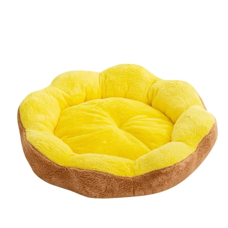 Washable round cat bed with removable plush cover in brown gray colour.