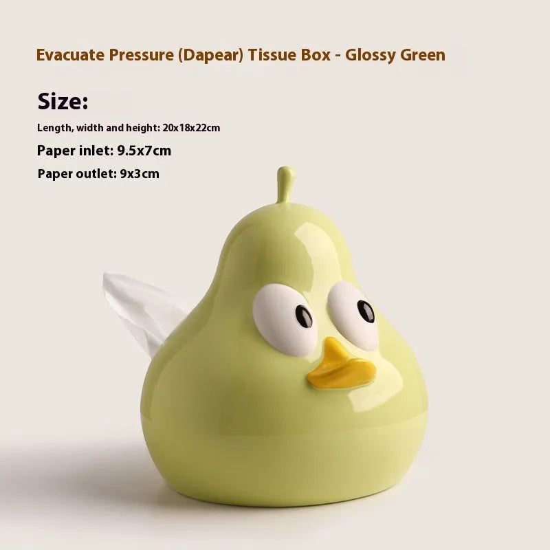 White ceramic pear-shaped tissue box holder with cute animal design in black or green colour