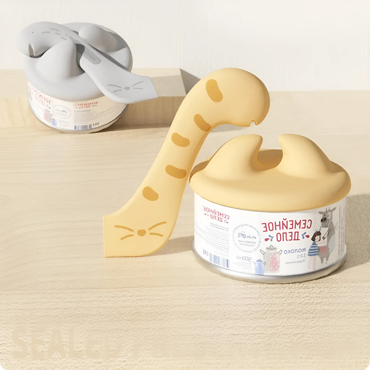 Cat jar spoon and can opener in ABS and silicone, available in yellow, pink, or grey for wet cat food