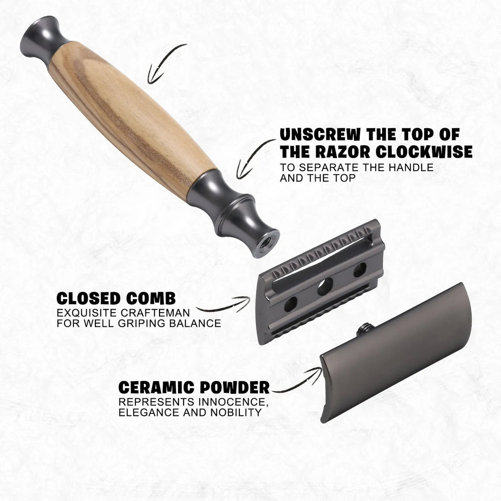 Copper manual shaving razor with olive wood handle on a wooden razor holder.
