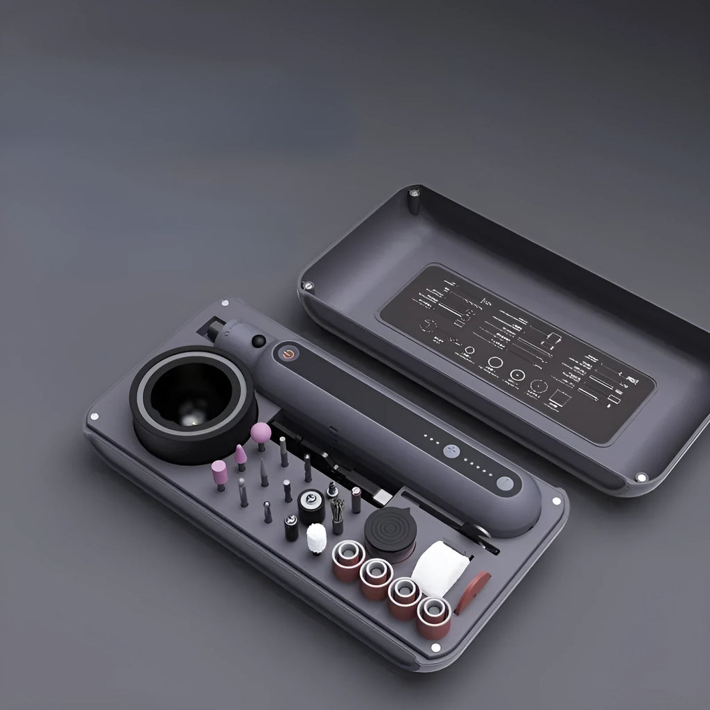Compact electric grinding set with lithium battery showing 37mm width and accessory clamping mechanism
