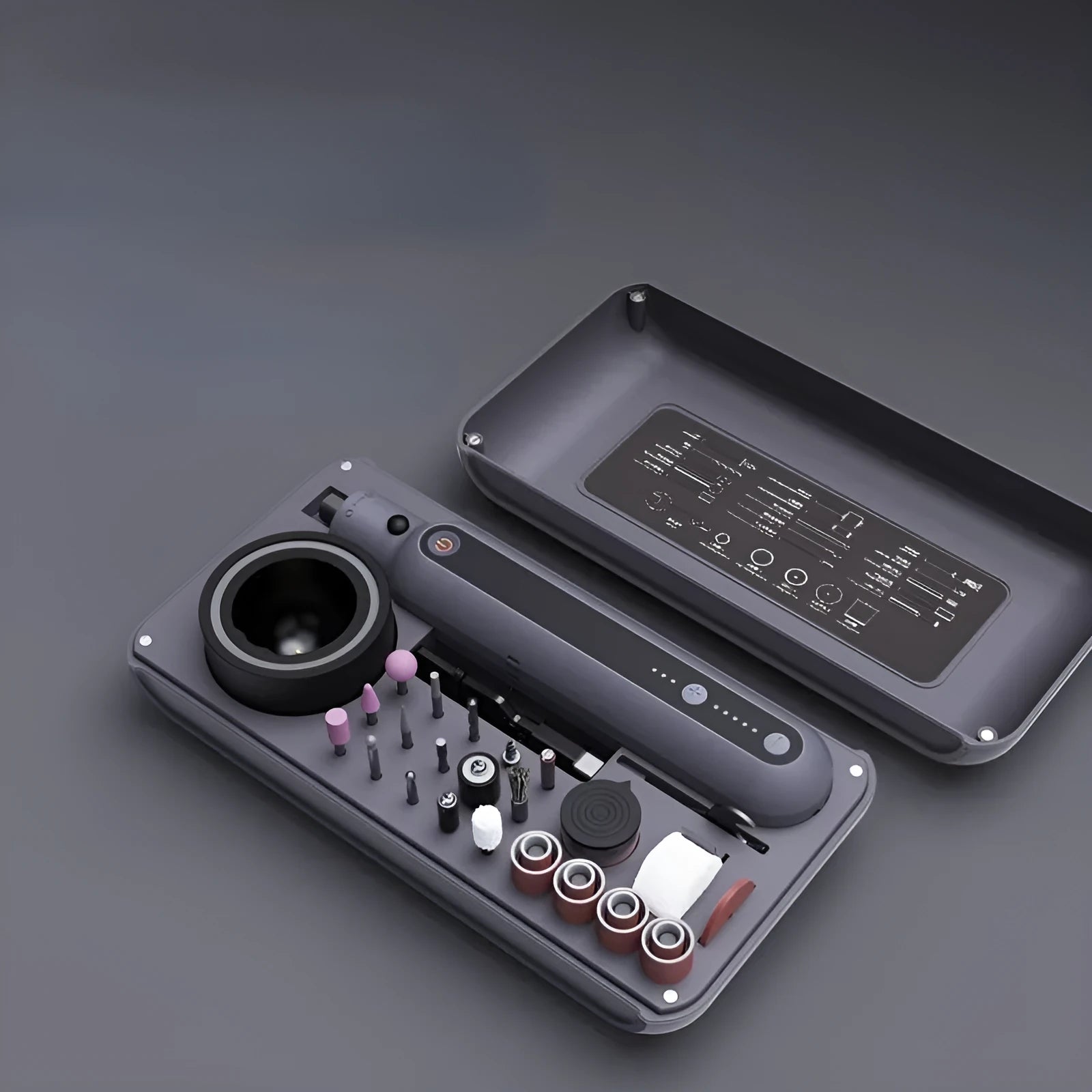 Compact electric grinding set with lithium battery showing 37mm width and accessory clamping mechanism