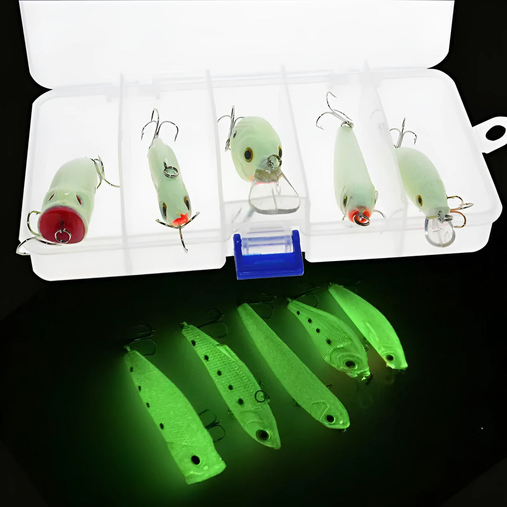 Set of five fluorescent 3D hard fishing bait lures with luminous design for predator fish.