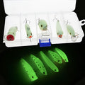 Set of five fluorescent 3D hard fishing bait lures with luminous design for predator fish.