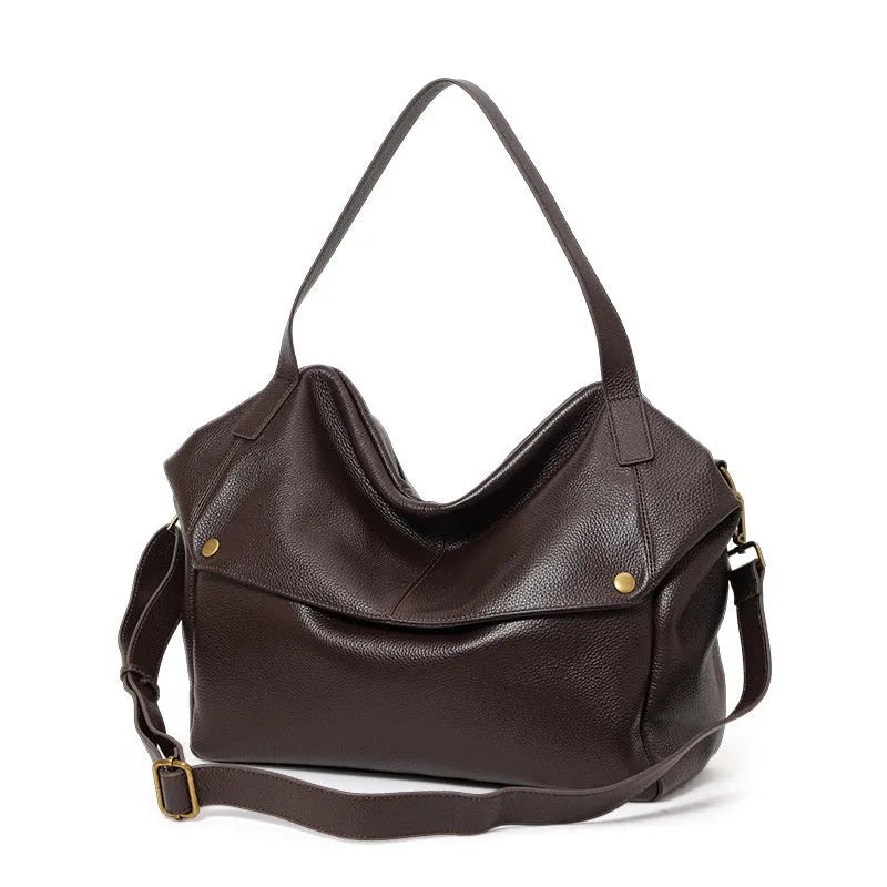 Brown genuine leather women's shoulder bag with horizontal square shape for commuting