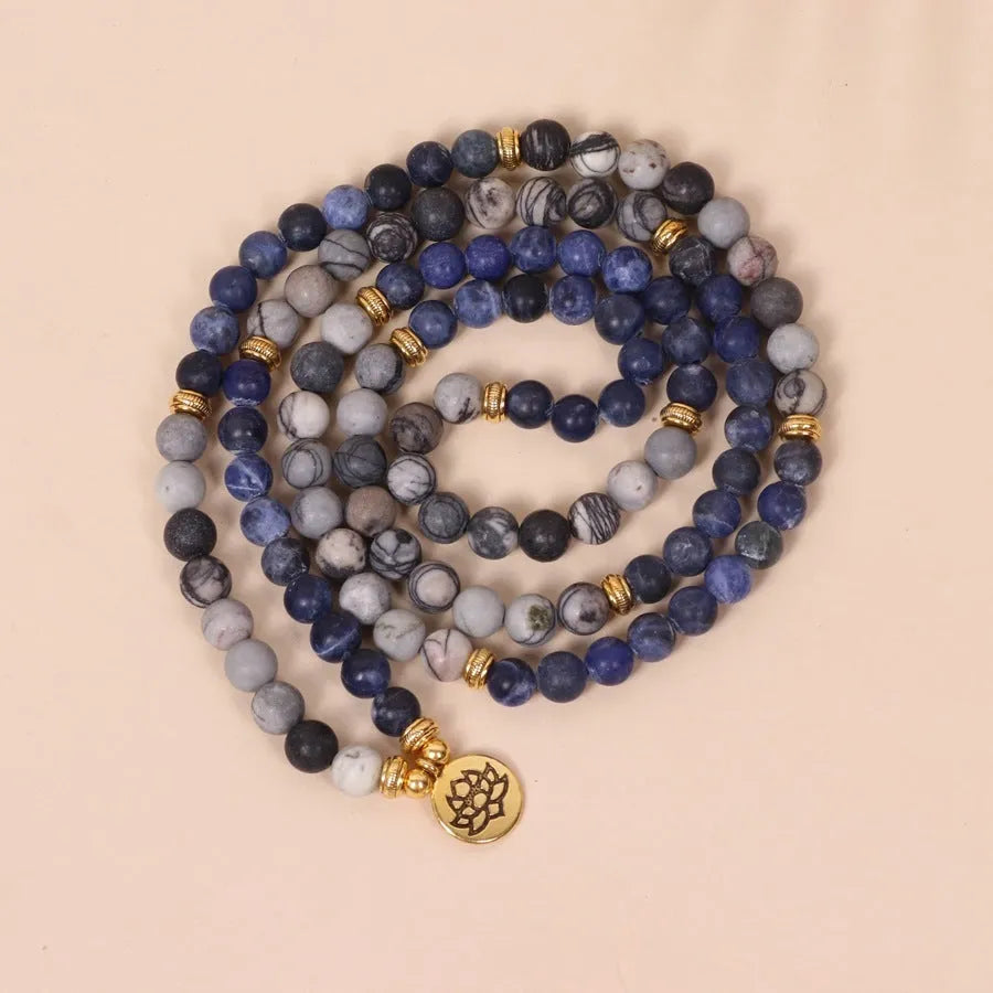 Blue patterned network stone bead multi-layer bracelet on alloy chains with fresh sweet style
