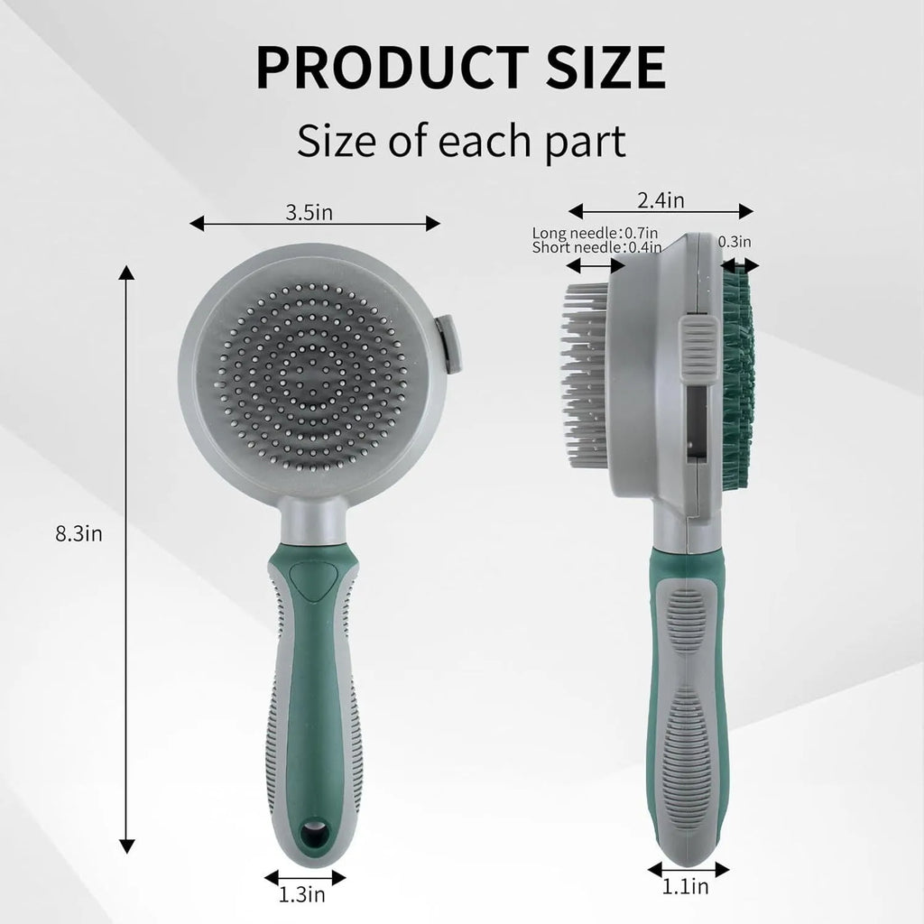 Green and pink dual-sided pet grooming brush with slicker brush and silicone massage pins