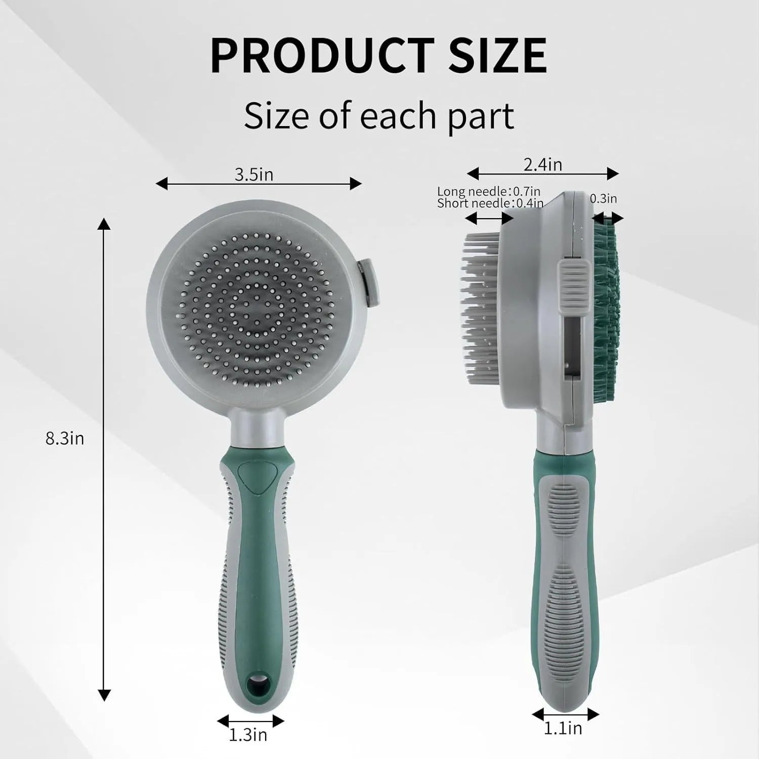 Green and pink dual-sided pet grooming brush with slicker brush and silicone massage pins