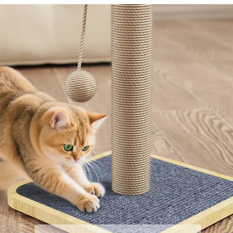 Windmill design cat climbing frame with hanging ball toy, made from pine wood and covered in beige carpet leather.