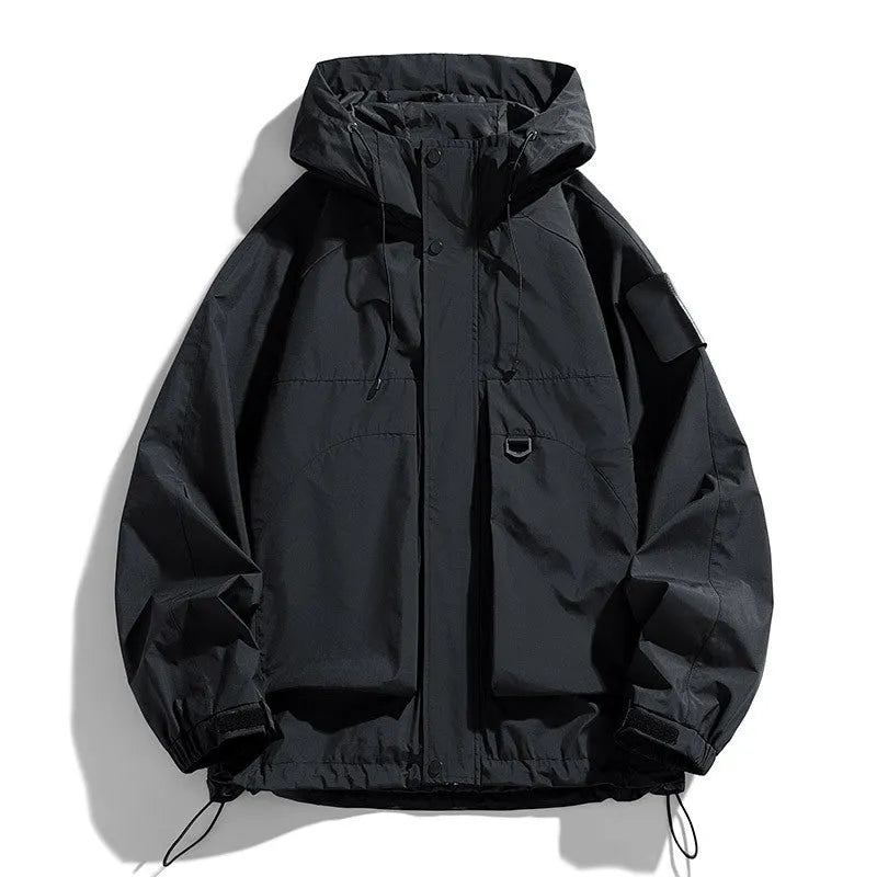 Men's black waterproof windproof hooded jacket with long sleeves on a size chart showing S to 8XL.