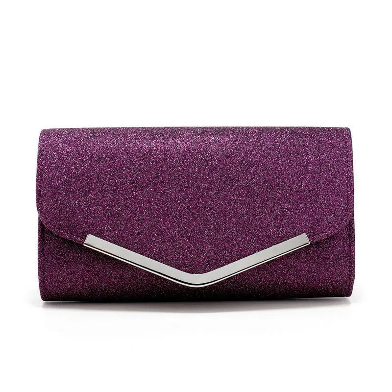 Frosted sequins dinner bag with high-grade metal decoration, horizontal square shape, available in six colours.