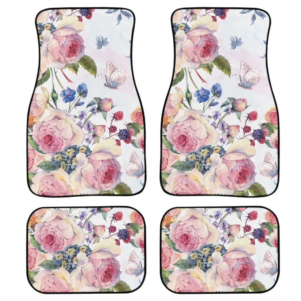 Black printed rubber car floor mats, four-piece set showing textured surface and 20mm thickness.
