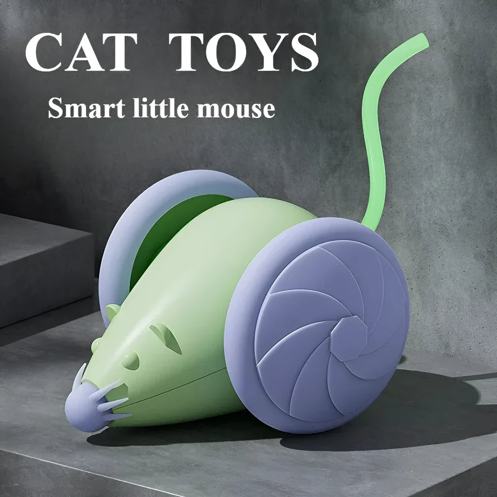 Interactive electric mouse cat toy with automatic teasing stick in green or white for indoor cats