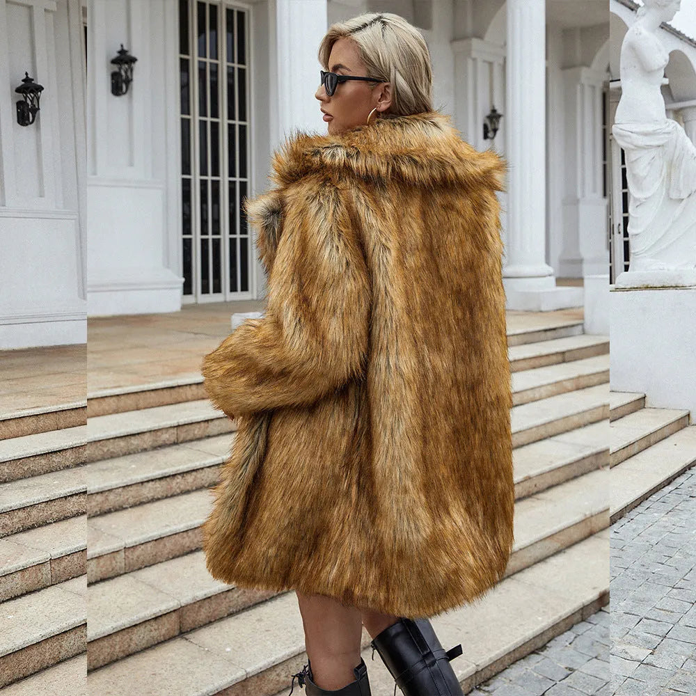 Yellow women's faux fur coat with regular sleeves and loose 80cm length