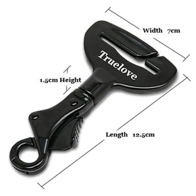 Black aluminium alloy dog car seat belt lock with 5cm tab resting on car seat