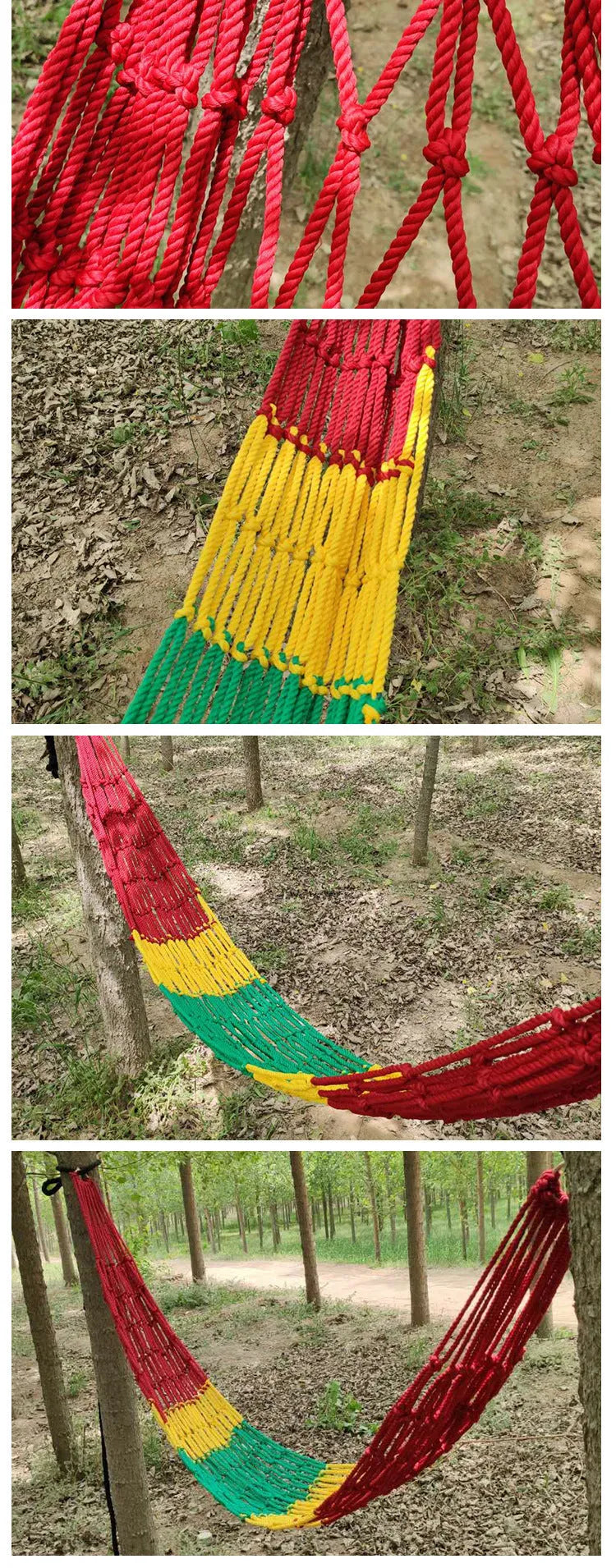 Nylon rope mesh hammock suspended outdoors showing 1.1m width and open construction
