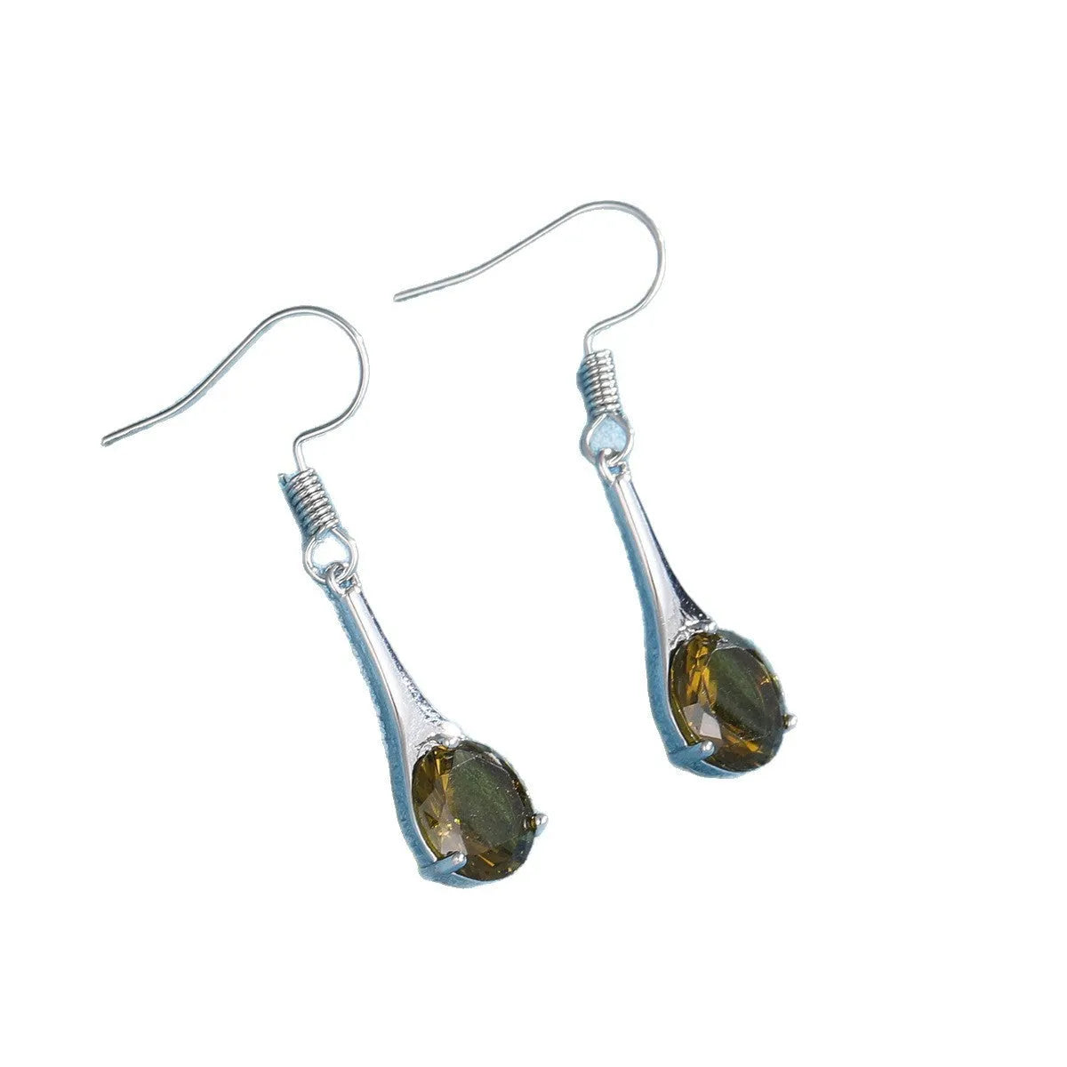 Olive green topaz drop earrings with minimalist water drop shape on alloy backing