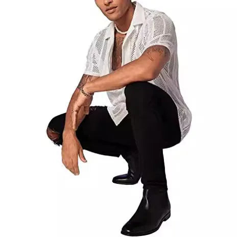Men's short-sleeved button knitted shirt in cardigan style with jacquard texture
