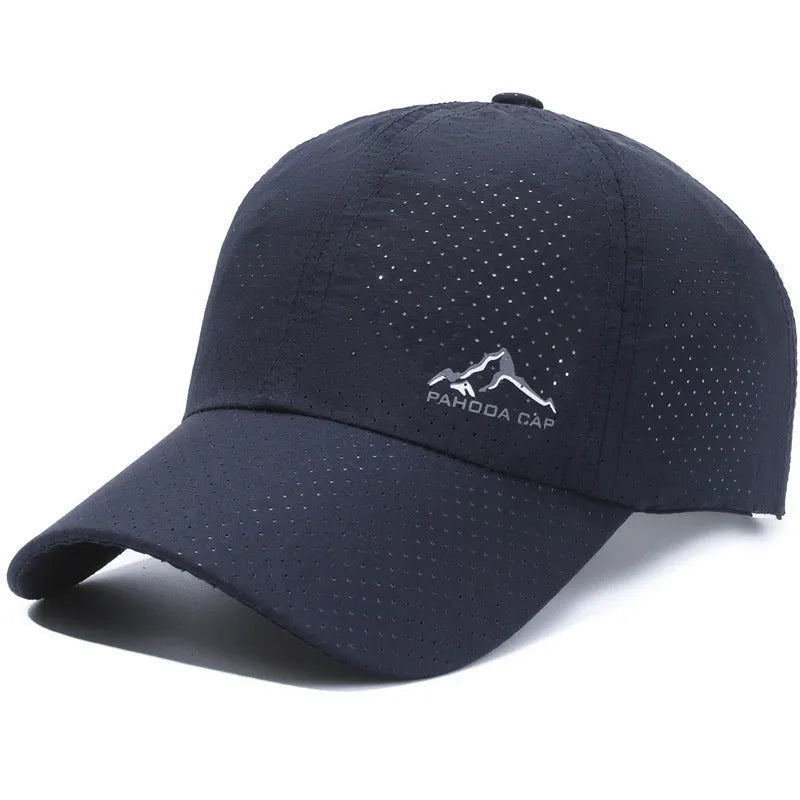 Adjustable polyester baseball cap with dome crown on a white background.