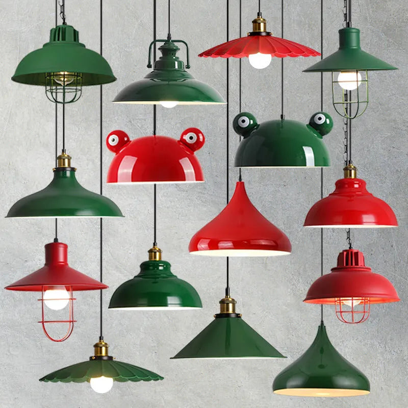 Retro industrial wrought iron ceiling chandelier with dark green lampshade in two sizes D20 35cm and D8 30cm for restaurant lighting
