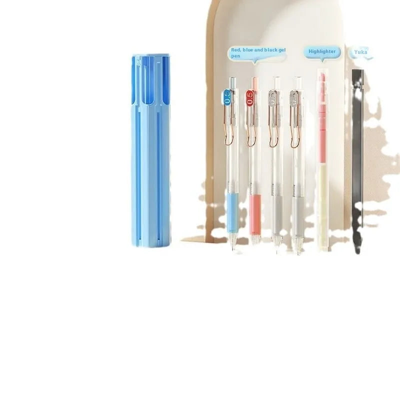 Plastic six pen pencil case kit with a pressing pen, shown in sky blue, white, and pink colour options.