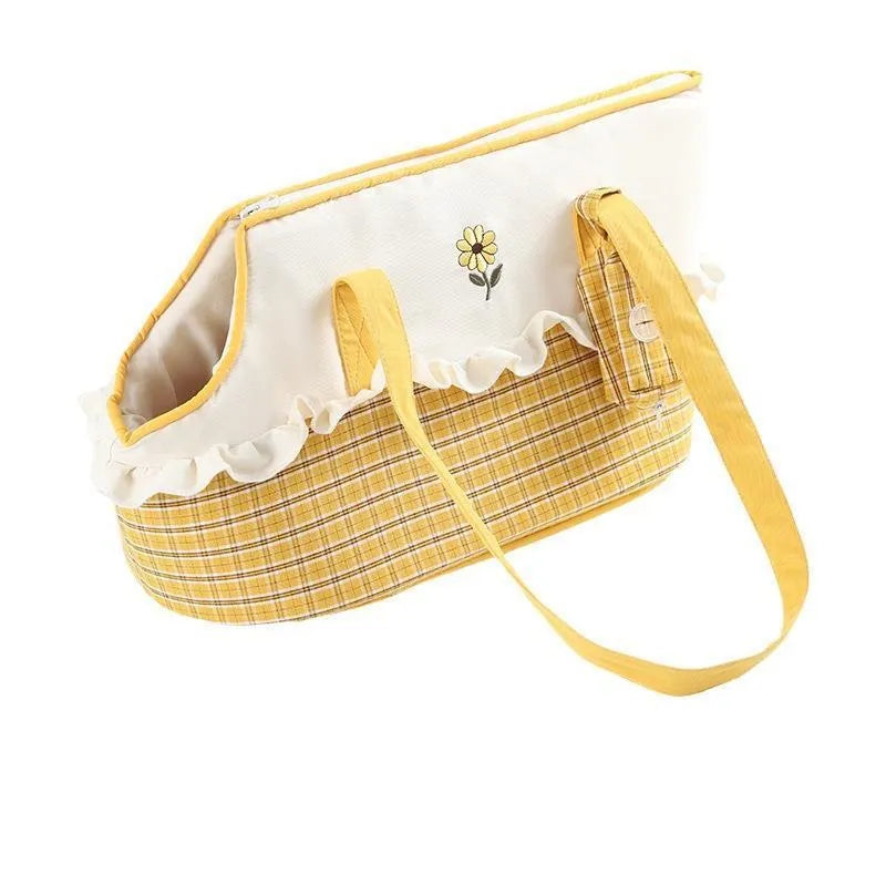 Shoulder cat bag in short plush with cartoon pattern, shown in green, red vertical stripes, or yellow and sunny colour options.